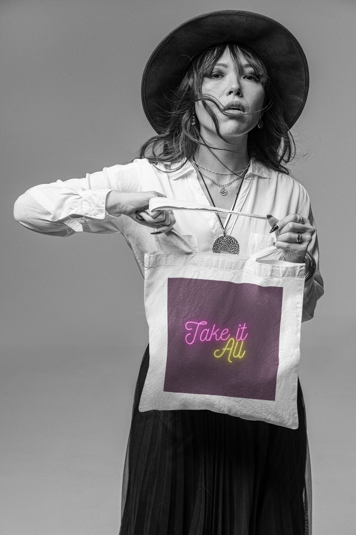 Trendy "Take it All" Neon Text Canvas Tote Bag - Eco-Friendly, Reusable Shopping Bag