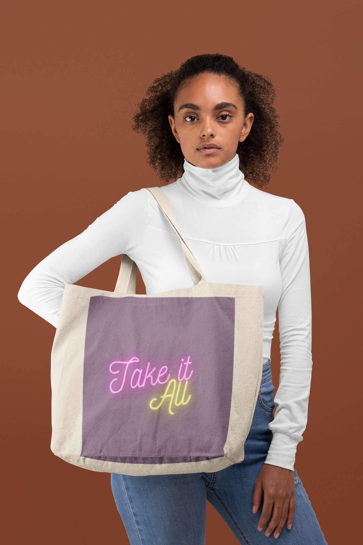 Trendy "Take it All" Neon Text Canvas Tote Bag - Eco-Friendly, Reusable Shopping Bag
